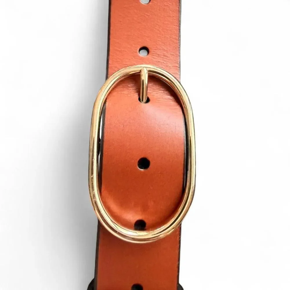 J.Crew NWT Brown Genuine Leather Belt Gold Oval Buckle Size L XL  1.25” Wide - Picture 6 of 7